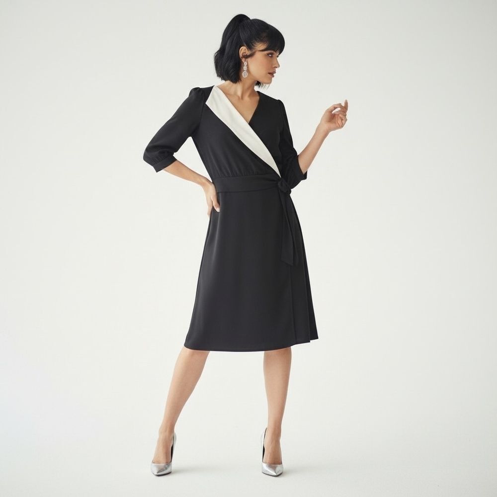 Edith Strauss Elegant Black and White Wrap Front Dress